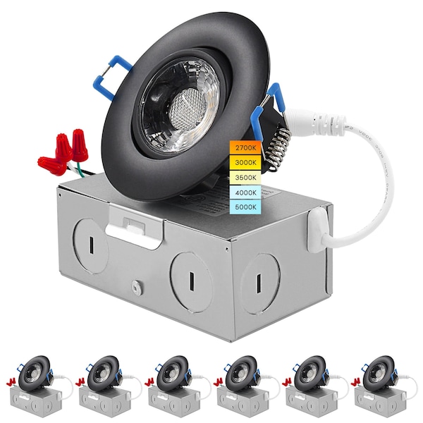 Luxrite 3 Inch Gimbal LED Recessed Downlights 5CCT 2700K-5000K 8W 600LM Dimmable Damp Rated Black, 6PK LR23221-6PK - main